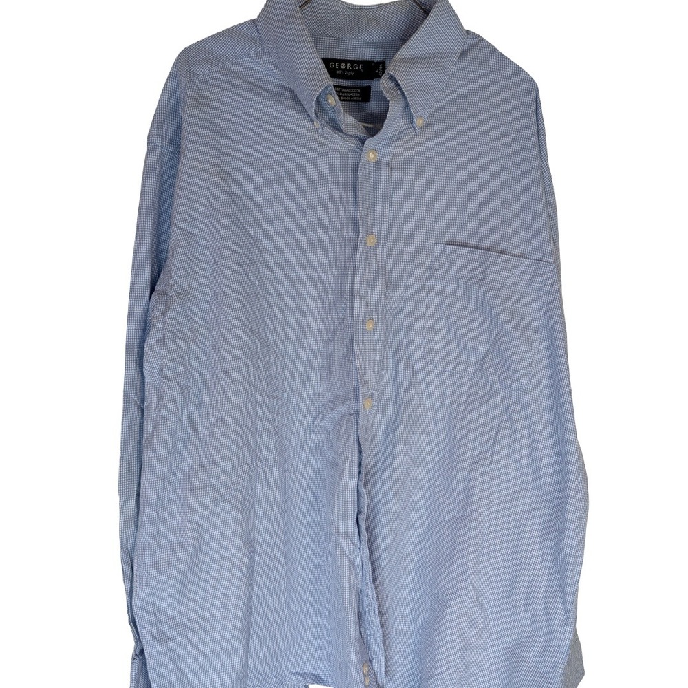 George Button Down Shirt Mens L 42-44 Blue White Gingham 100% Cotton 80s 2-Ply